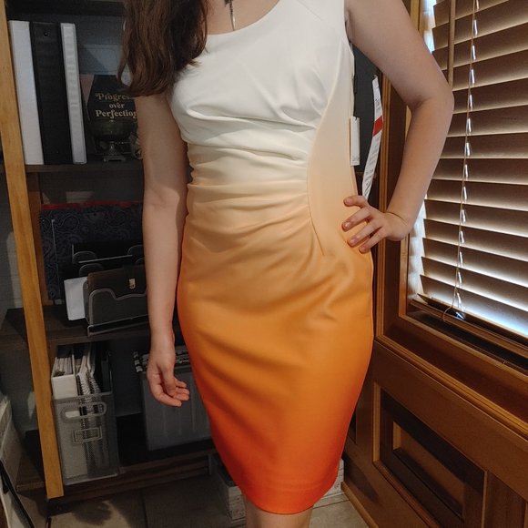 Calvin Klein Dresses & Skirts - Calvin Klein Orange and White Pleated Scuba Dress NWT